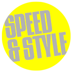 Graphic with bold gray letters spelling SPEED & STYLE diagonally across a neon yellow background (logo/header style).