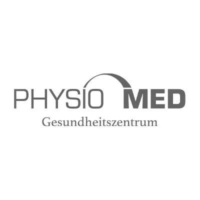 PhysioMed Gesundheitszentrum logo with gray text and a curved arc over 'MED'.